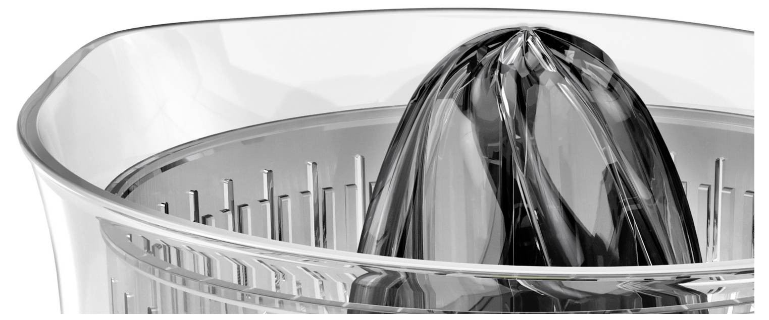 Przezroczysty górny element wyciskarki do cytrusów, zaprojektowany do wyciągania soku, wyposażony w ostre żeberka i filtr oddzielający miąższ.