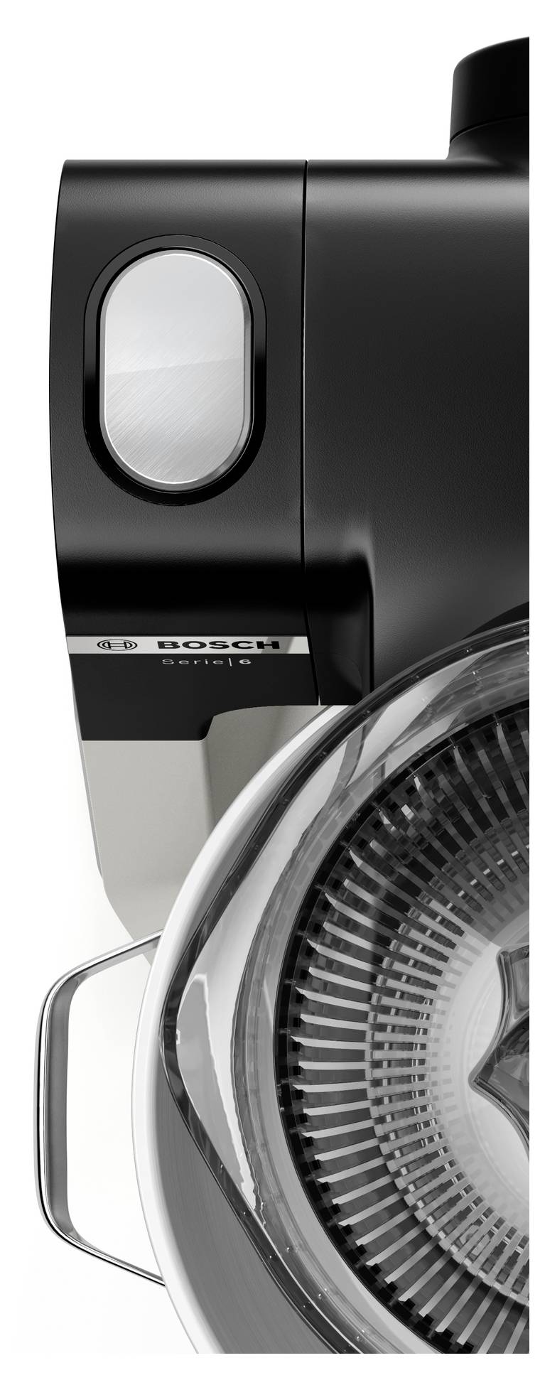 Zbliżenie czarnego miksera kuchennego z przezroczystą misą, prezentujące jego elegancki design i logo marki na boku.