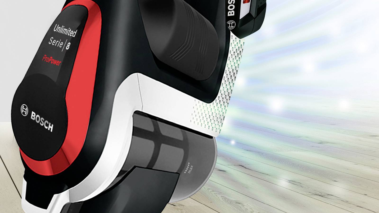 Odkurzacz Bosch z serii Unlimited 8 ProPower na twardej podłodze, prezentujący moc ssania z efektem ruchu, podkreślający wydajność produktu.