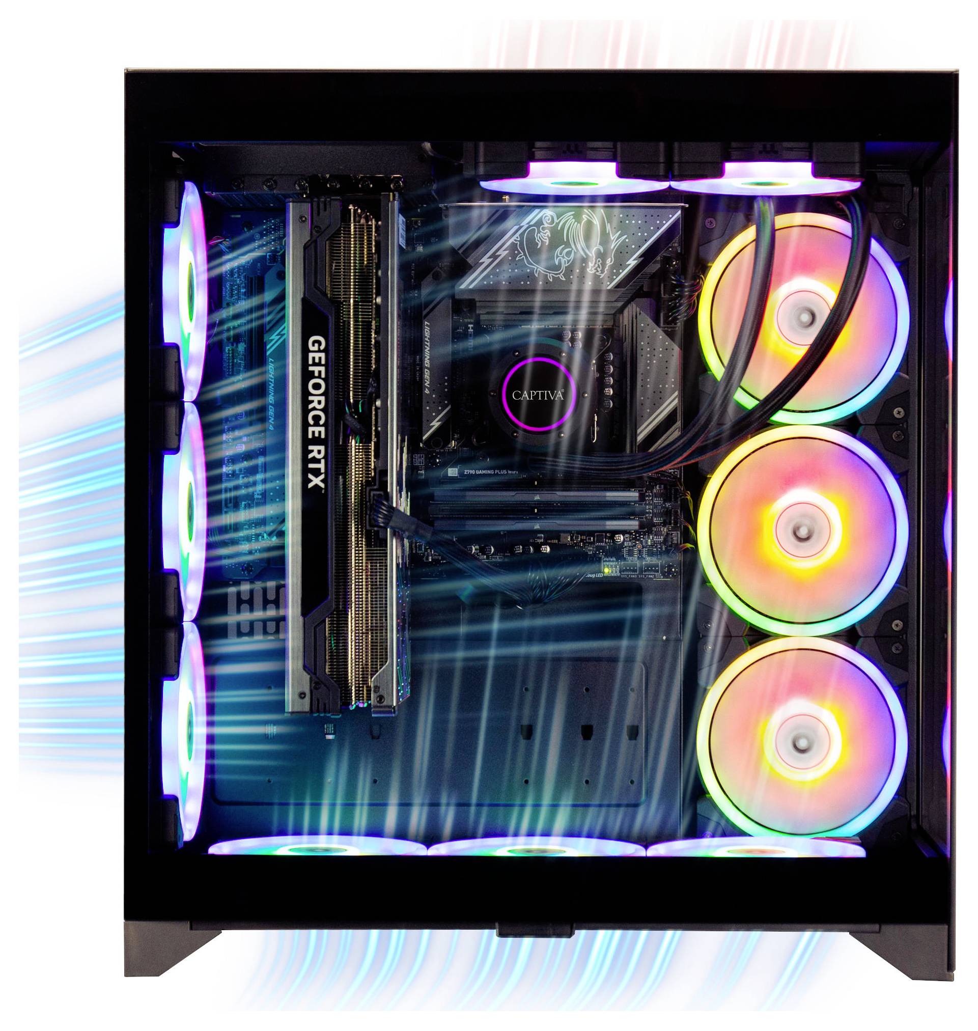 Komputer do gier z widocznymi podświetleniami LED i wentylatorami chłodzącymi, prezentujący kartę graficzną 'GEFORCE RTX' wewnątrz eleganckiej obudowy.