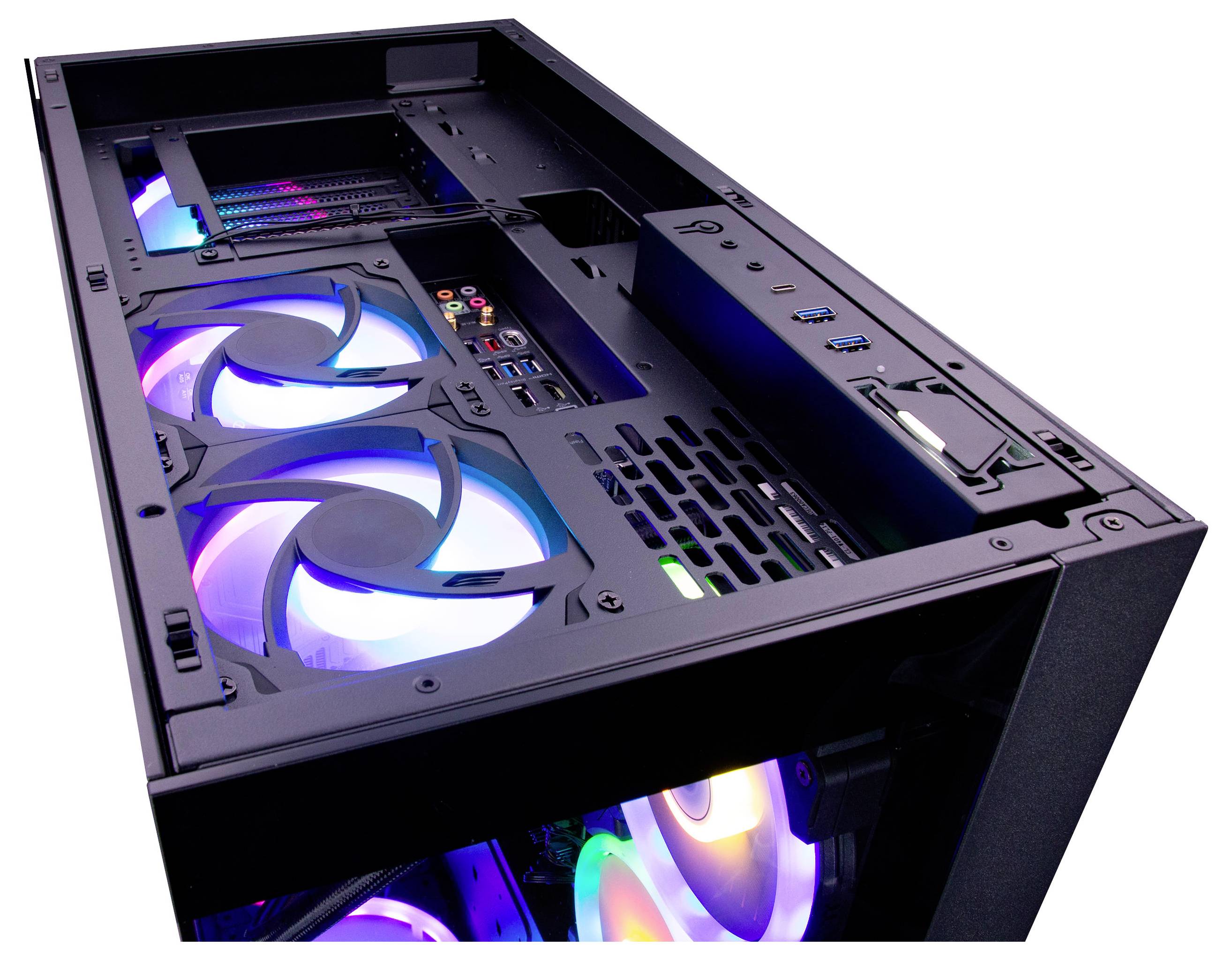 Obudowa komputera z zdjętą boczną ścianką, prezentująca wewnętrzne komponenty. Posiada trzy kolorowe wentylatory chłodzące z podświetleniem LED zamontowane po stronie.