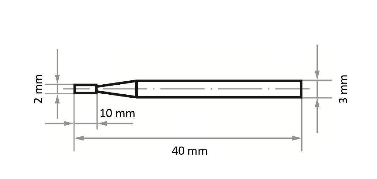 Rysunek techniczny cylindrycznego obiektu o długości 40 mm, z końcami o średnicach 2 mm i 3 mm oraz 10-milimetrowym zwężonym odcinkiem.