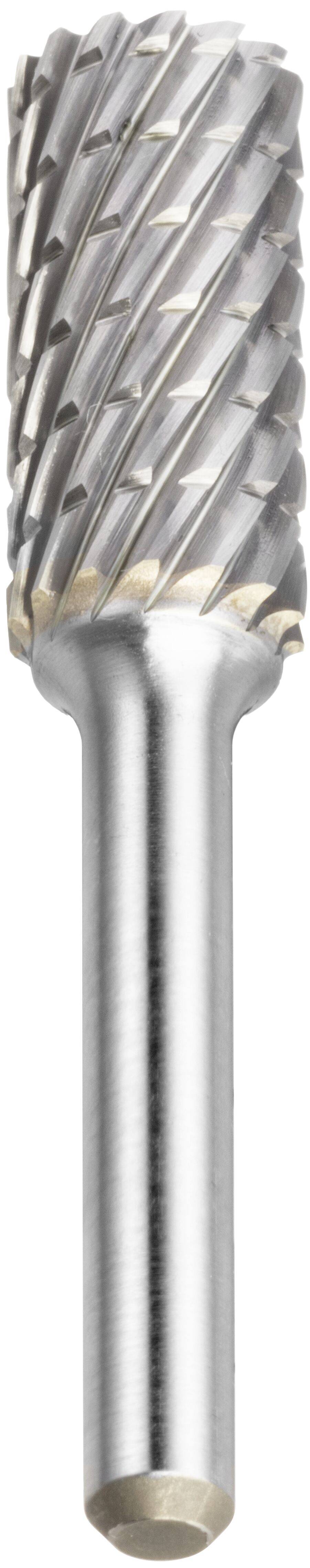 Srebrne, cylindryczne narzędzie tnące o budowie obrotowej, wyposażone w spiralne rowki, przeznaczone do cięcia lub kształtowania materiałów, ukazane na neutralnym tle.