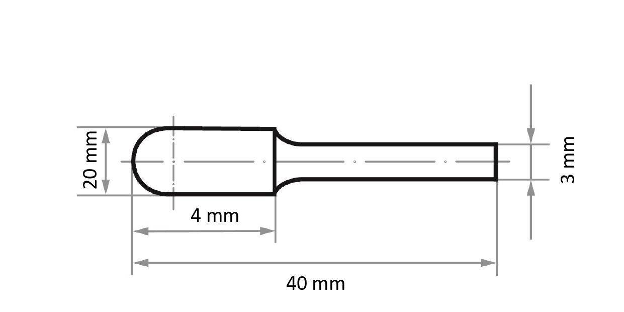 Rysunek techniczny cylindrycznego obiektu zakończonego zaokrąglonym końcem. Wymiary: 40 mm całkowitej długości, 20 mm wysokości, 4 mm szyjki, 3 mm czubka.