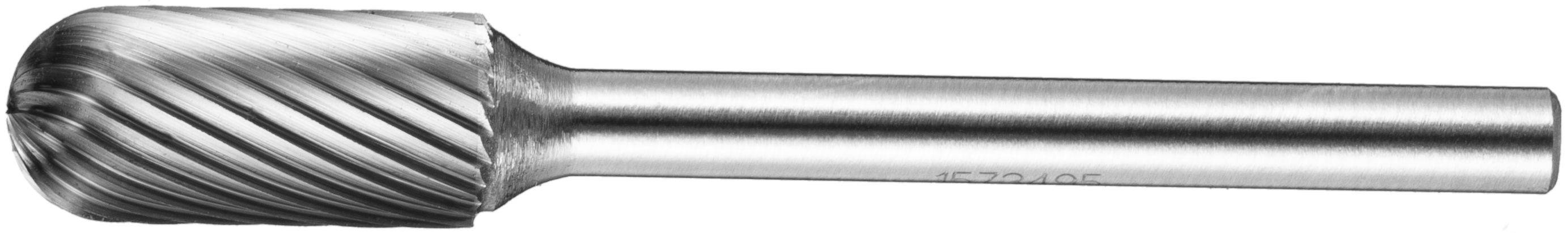 Metalowe narzędzie tnące z frezem obrotowym, składające się z cylindrycznego trzpienia i zaokręgłej, teksturowanej głowicy tnącej, stosowane do kształtowania lub cięcia materiałów.