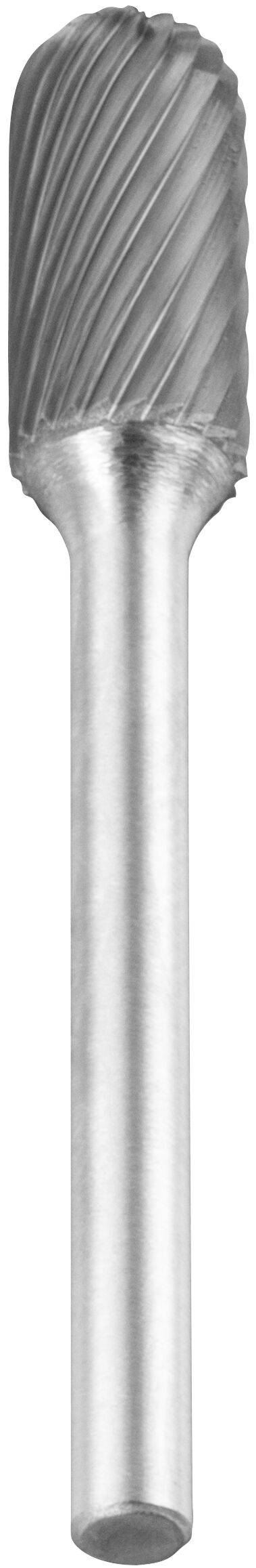 Cylindryczny srebrny frezer obrotowy z ukośnymi rowkami, używany do kształtowania i grawerowania w obróbce metalu lub drewna.