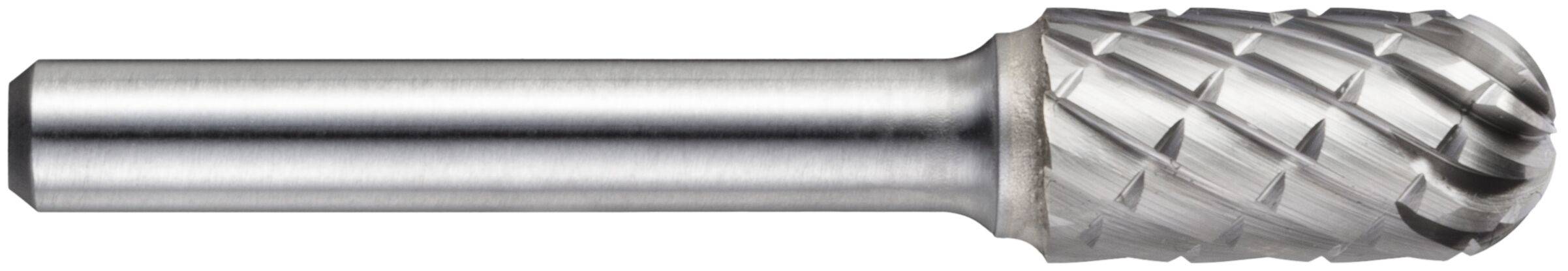 Srebrne narzędzie obrotowe z frezowaną, teksturowaną głowicą cylindryczną, używane do kształtowania, szlifowania i usuwania materiału w obróbce metali.