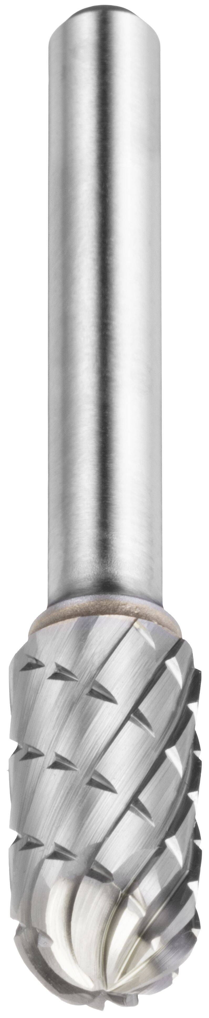 Zbliżenie srebrnego frezu obrotowego z teksturowaną, spiralną głowicą tnącą, używanego do szlifowania, kształtowania i usuwania materiału.