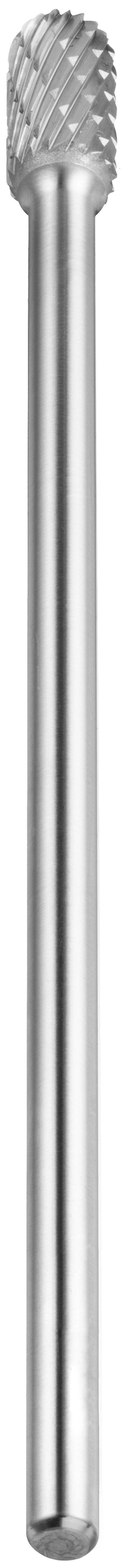 Cylindryczny metalowy pilnik obrotowy z teksturowanym czubkiem do szlifowania lub kształtowania materiałów, często stosowany w obróbce mechanicznej lub stolarstwie.