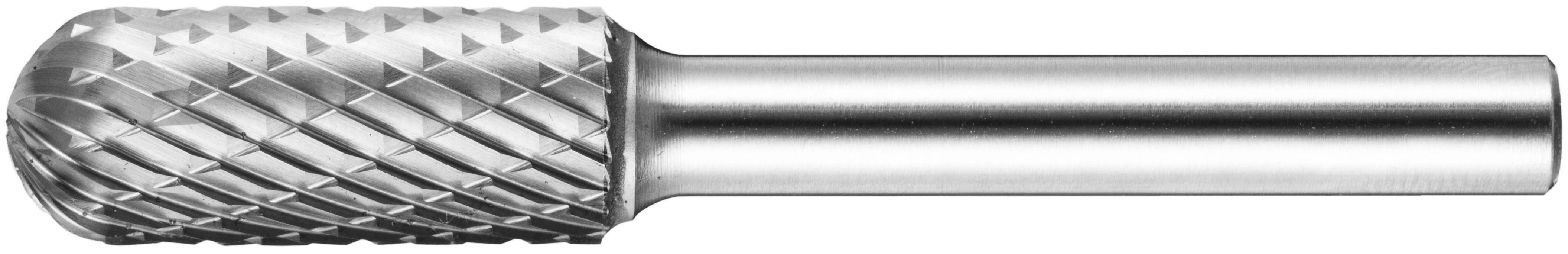 Srebrne narzędzie frezujące z cylindrycznym uchwytem i teksturowaną, zaokągloną głowicą tnącą, przeznaczone do kształtowania i cięcia materiałów.