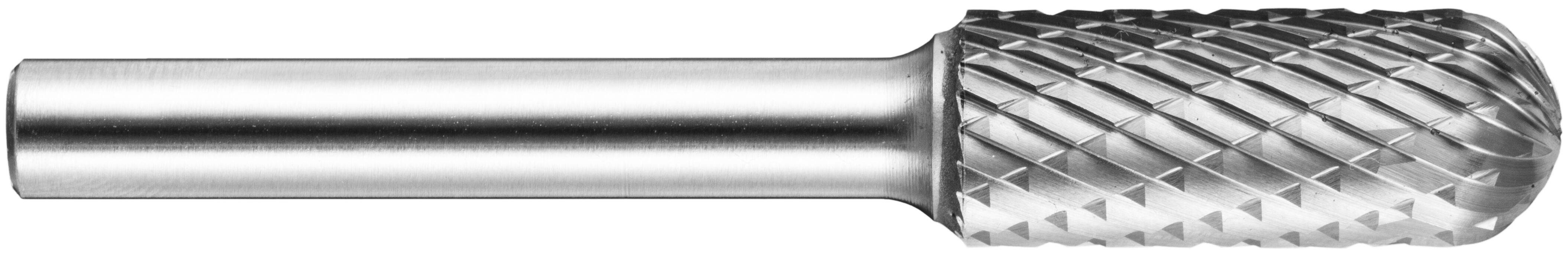 Cylindryczny narzędzie tnące z teksturowaną, diamentowo-wzorzystą głowicą tnącą, przeznaczone do kształtowania lub cięcia twardych materiałów, takich jak metal lub drewno.