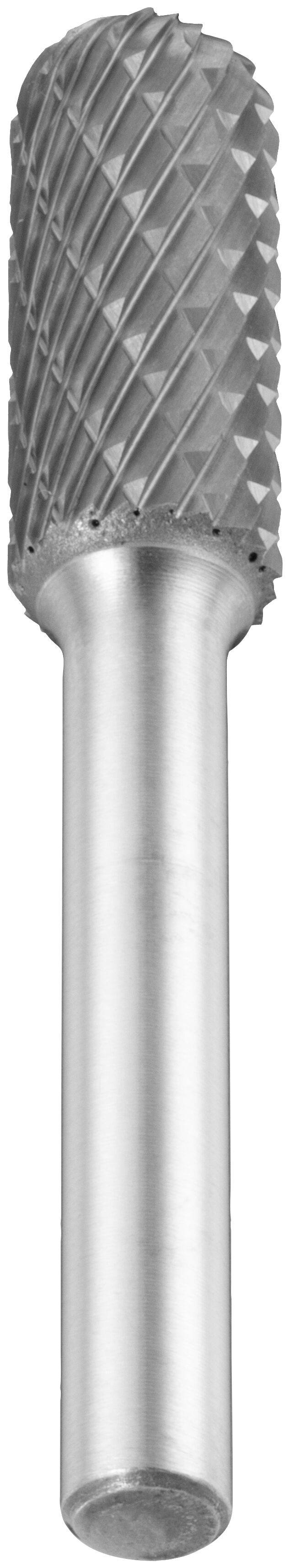 Cylindryczny narzędzie skrawające z obrotową głowicą o fakturowanej powierzchni, przeznaczone do kształtowania lub szlifowania materiału. Wykonane z metalu, zaprojektowane do precyzyjnej pracy.