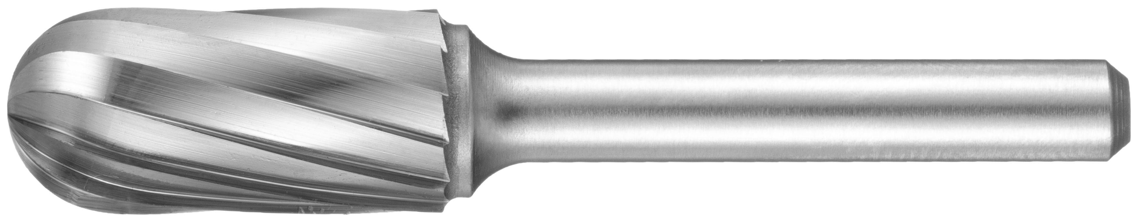 Srebrne narzędzie frezujące z walcowym trzpieniem i zaokągloną, spiralnie rowkowaną główką, stosowane do cięcia i kształtowania materiałów.