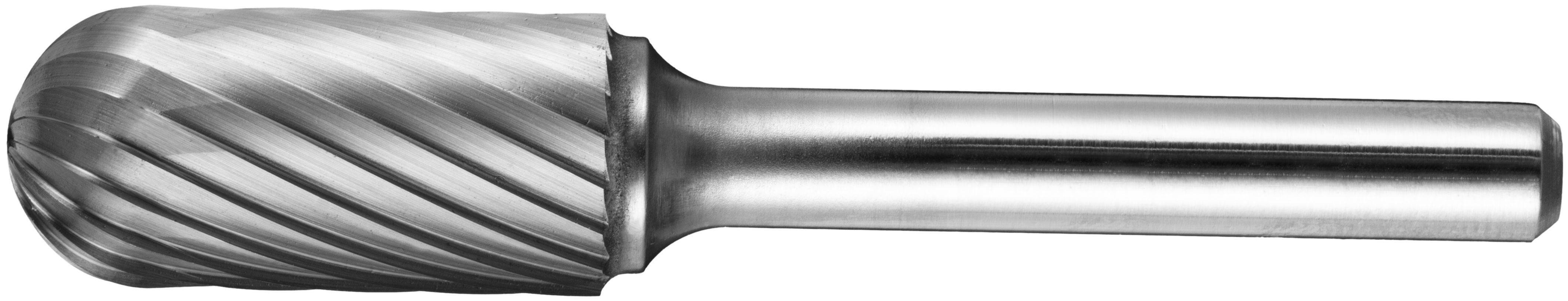 Srebrny, cylindryczny frezer obrotowy z końcówką kulistą i spiralnymi rowkami, stosowany do cięcia, kształtowania i szlifowania materiałów.