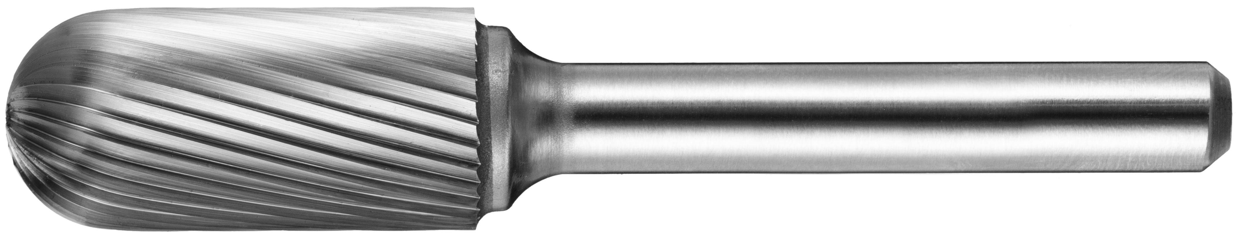 Cylindryczny metalowy frez obrotowy z rowkowaną, zaokrągloną główką i gładkim trzpieniem, używany do kształtowania lub cięcia twardych materiałów.