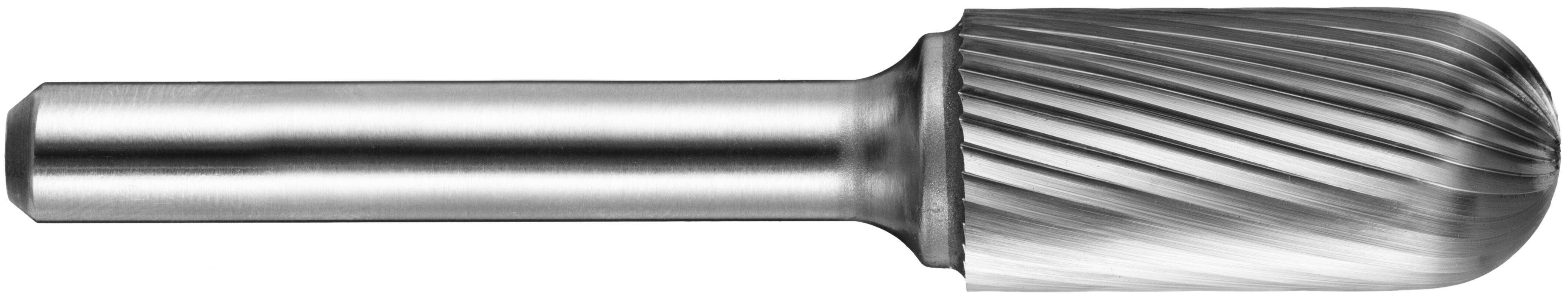 Frezer węglikowy z cylindrycznym uchwytem i zaokągloną, spiralnie żłobioną główką tnącą, stosowany do kształtowania i cięcia twardych materiałów.