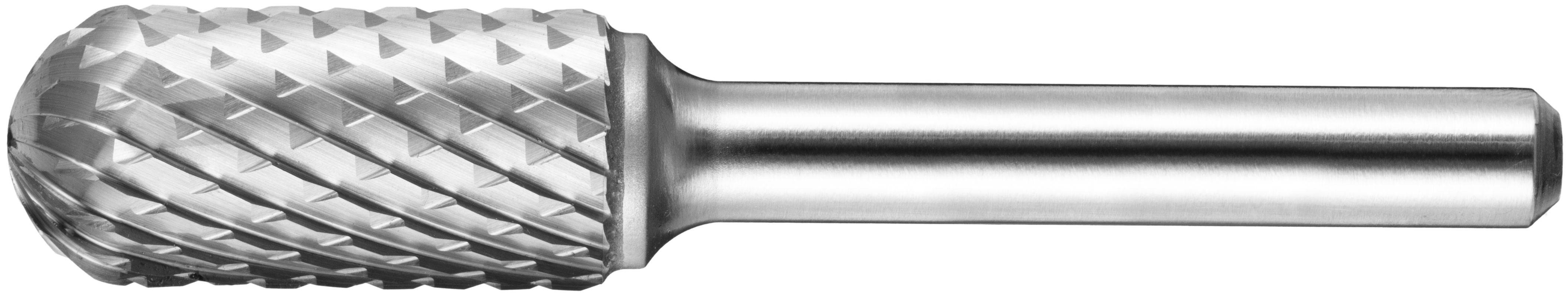 Cylindryczny, metalowy narzędzie frezujące z teksturowaną, stożkowatą głowicą tnącą, stosowane do obróbki materiałów w zastosowaniach mechanicznych lub stolarskich.