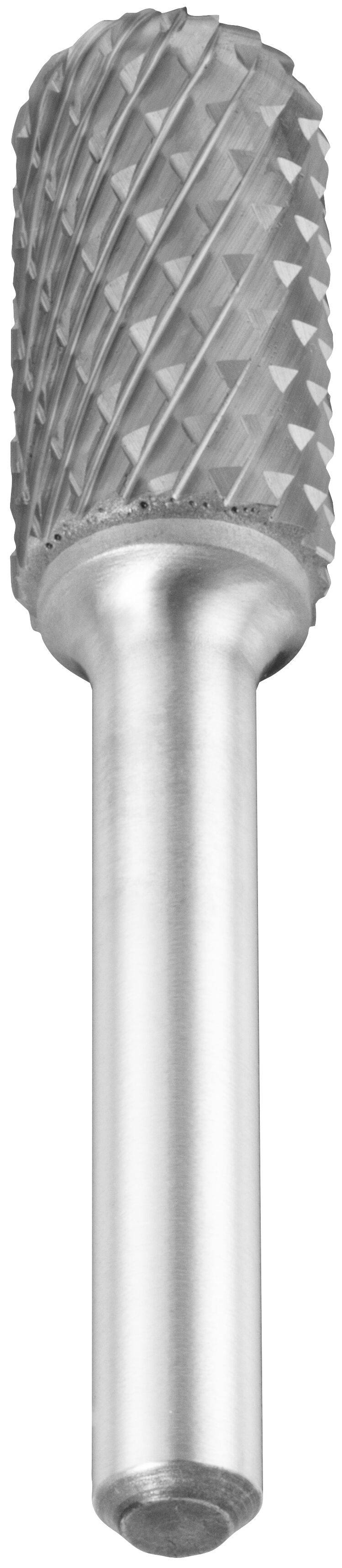 Cylindryczny narzędzie rotacyjne z głowicą tnącą o fakturze diamentowego wzoru na metalowym trzpieniu, używane do kształtowania lub cięcia materiałów.