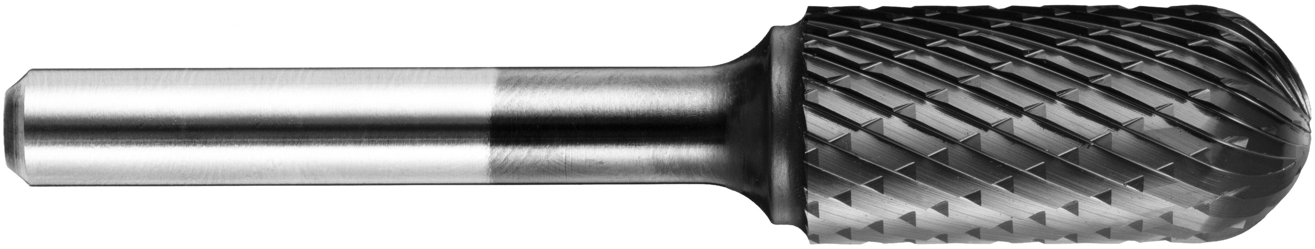 Metalowe narzędzie frezujące z cylindrycznym uchwytem i teksturowaną, stożkową głowicą tnącą, stosowane do kształtowania i wykańczania materiałów.