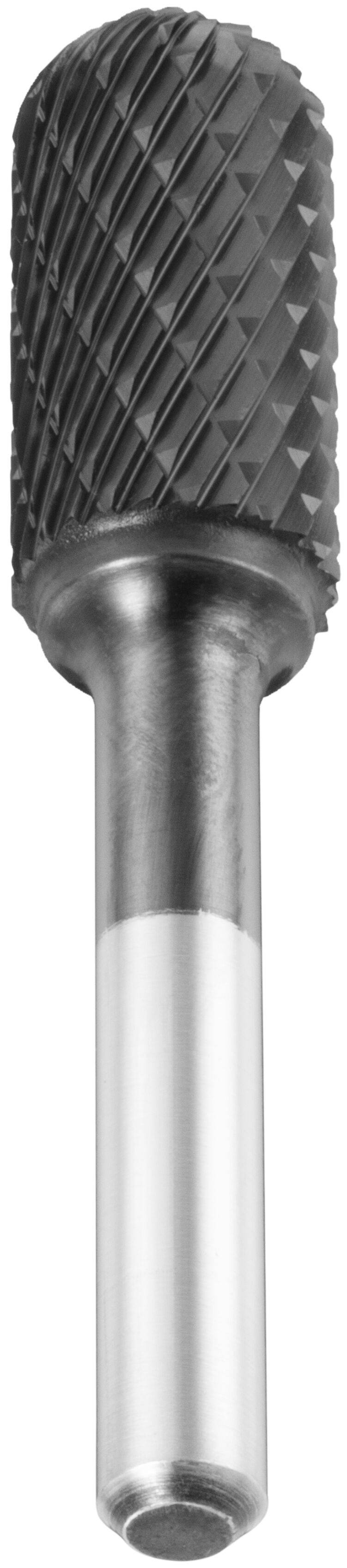 Cylindryczny narzędzie obrotowe z głowicą o teksturowanej, krzyżowo-rowkowanej powierzchni i gładkim metalowym trzpieniem, stosowane do szlifowania lub kształtowania materiałów.