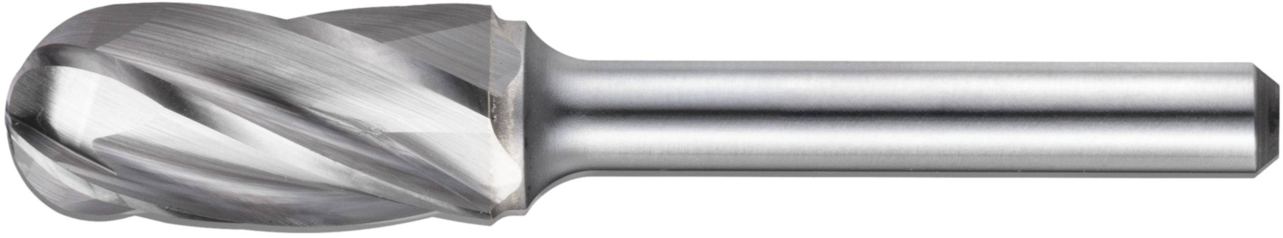 Srebrny, spiralnie rowkowany frez czołowy z okrągłą główką i gładkim cylindrycznym chwytem, stosowany w przemysłowym obróbce metali.