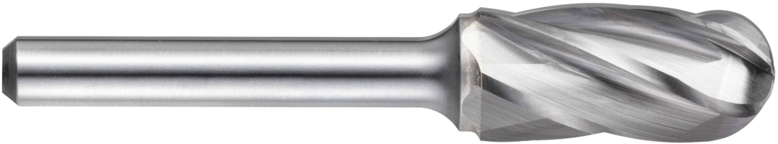 Srebrny, cylindryczny frez obrotowy z gładkim trzpieniem i skręconą, teksturowaną głowicą tnącą, przeznaczony do użycia w wiertłach do obróbki metalu lub drewna.