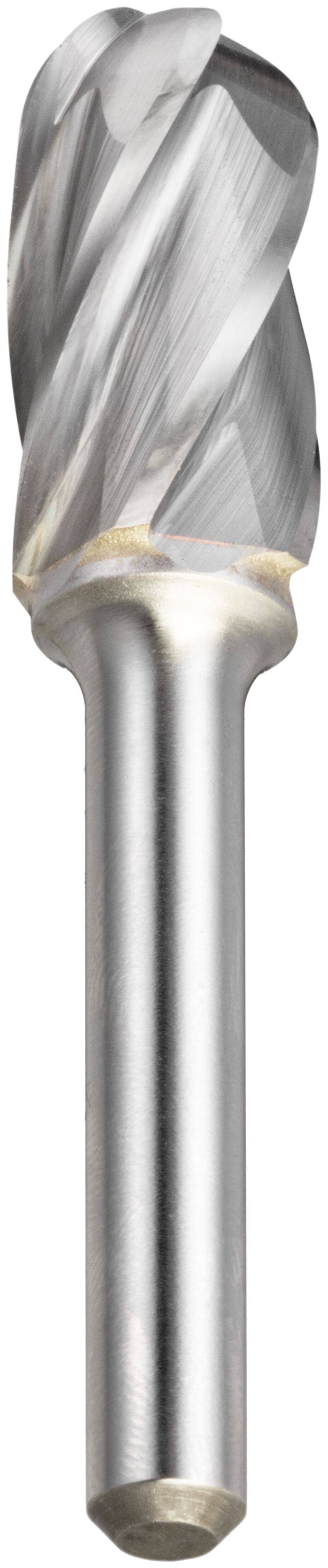 Srebrny, spiralnie rowkowany frez końcówkowy używany w obróbce skrawaniem, posiadający cylindryczny trzpień i krawędzie śrubowe.