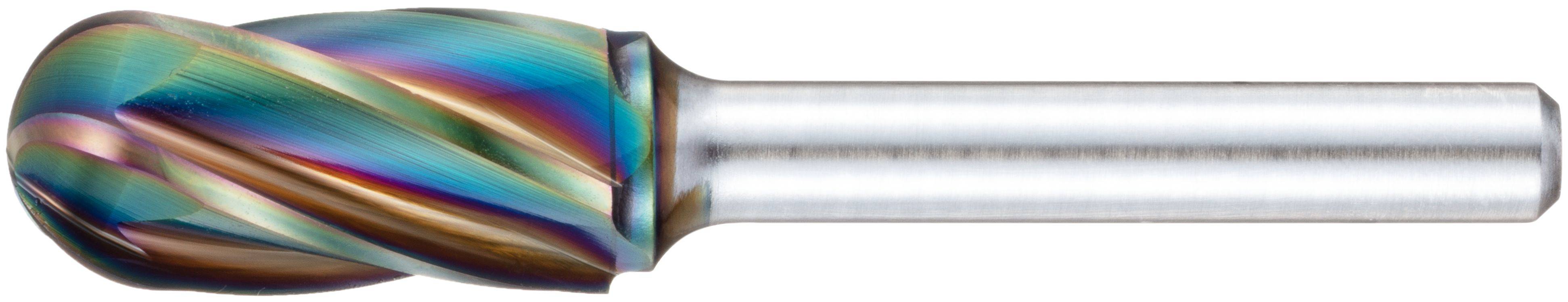 Metalowy nóż obrotowy z gładkim, cylindrycznym trzpieniem i kolorową, zaokrągloną głowicą o spiralnym kształcie nacięć, przeznaczony do obróbki lub rzeźbienia materiałów.