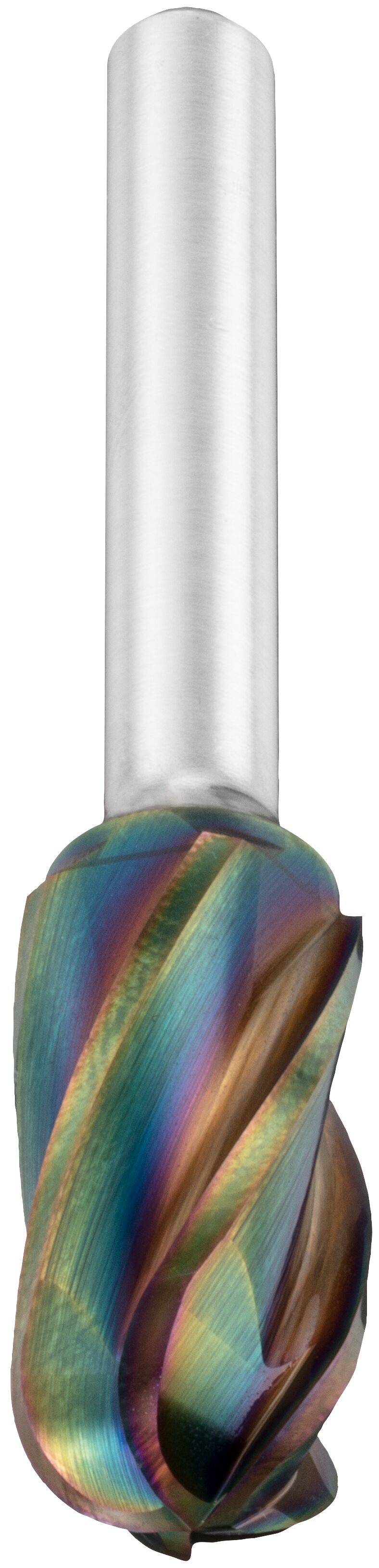 Kolorowe, spiralne narzędzie skrawające o metalicznym wykończeniu, stosowane w obróbce mechanicznej.