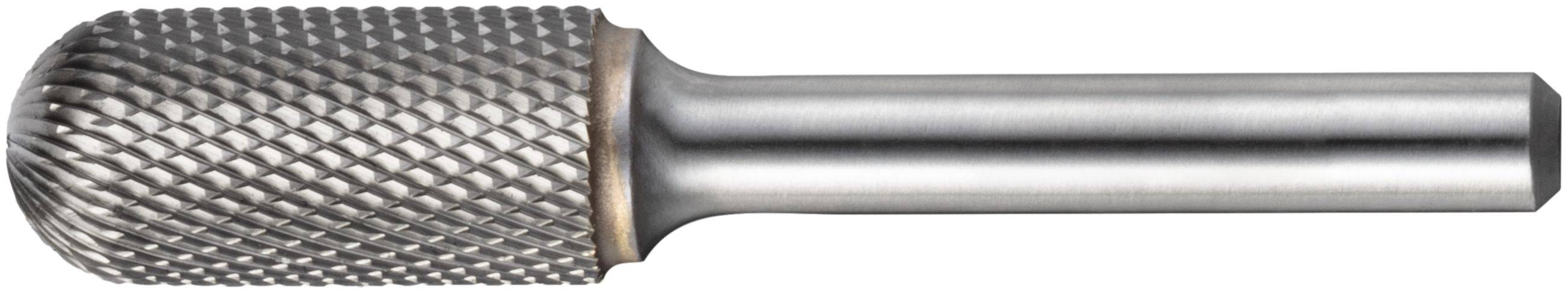 Cylindryczny narzędzie rotacyjne z fakturowaną, okrągłą głowicą tnącą i gładkim metalowym uchwytem, używane do szlifowania lub kształtowania materiałów.