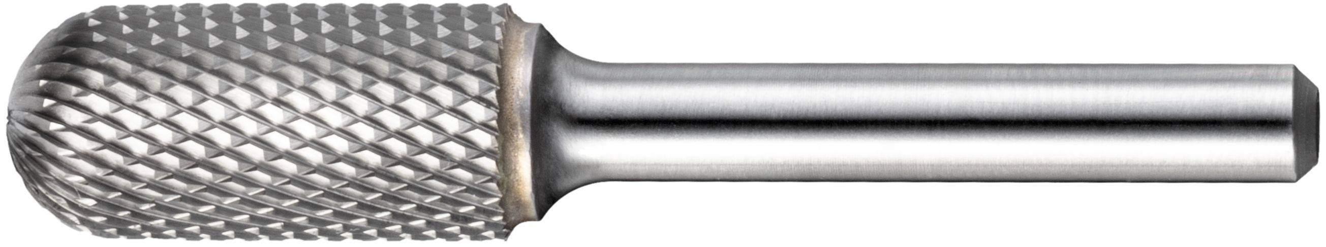 Metalowe narzędzie tnące z obrotową głowicą o fakturowanej, zaokrąglonej końcówce i cylindrycznym trzpieniu, używane do kształtowania lub cięcia twardych materiałów.