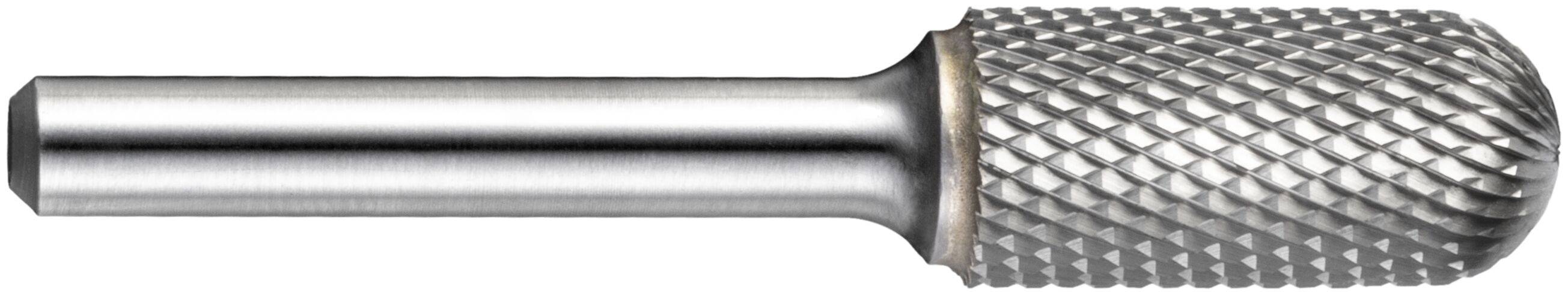 Cylindryczny metalowy narzędzie skrawające z fakturowaną, zaokrągloną główką i gładkim trzpieniem, używane do kształtowania lub wykańczania materiałów.