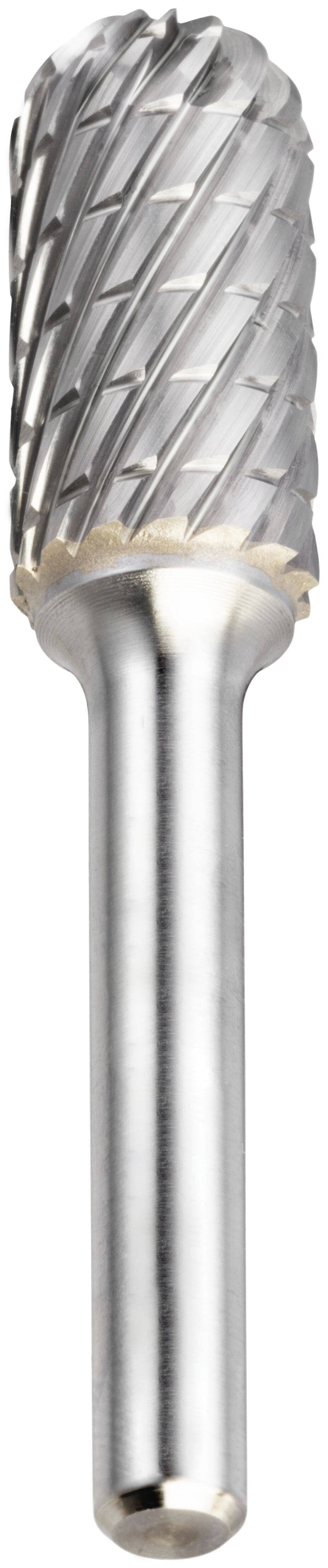 Metalowe narzędzie obrotowe o cylindrycznym trzpieniu z ostrymi, spiralnymi rowkami, używane do cięcia i kształtowania materiałów.