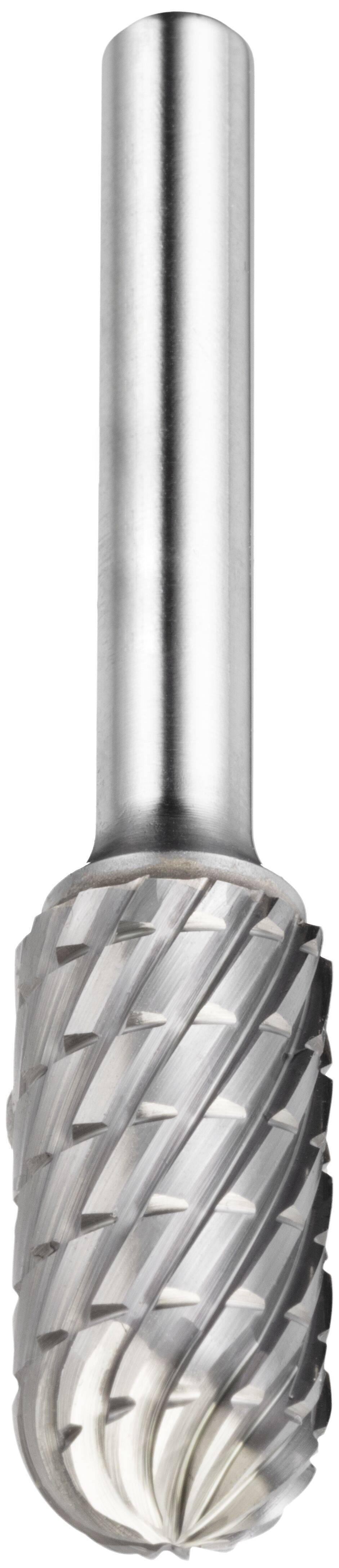 Narzędzie frezujące w kształcie walca z głowicą tnącą o skrętnych żłobieniach i cylindrycznym uchwycie, stosowane do kształtowania lub wygładzania materiałów.