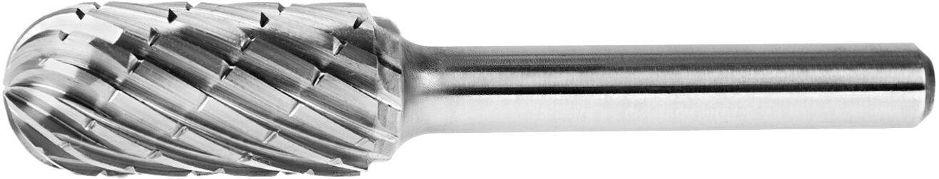 Frez węglikowy z cylindrycznym uchwytem i głowicą tnącą o skrętnych rowkach, stosowany do precyzyjnego kształtowania i wykańczania metalu.