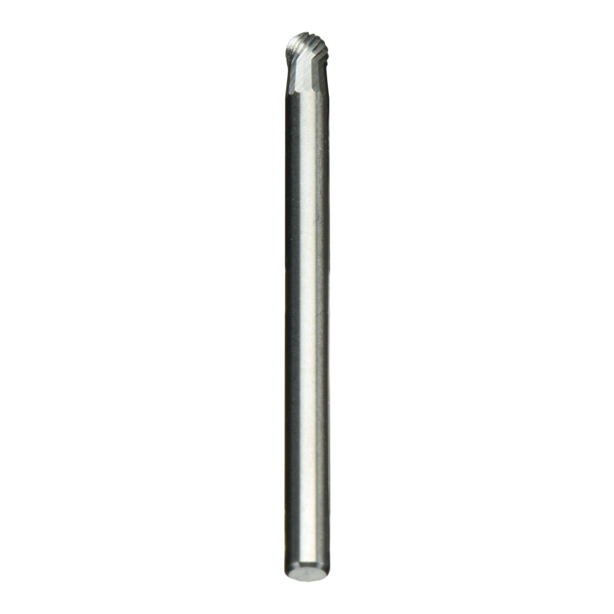 Cylindryczny metalowy narzędzie z zaokrąglonym, fakturowanym wierzchołkiem, prawdopodobnie frezer obrotowy używany do precyzyjnego cięcia w metalu lub podczas prac stolarskich.