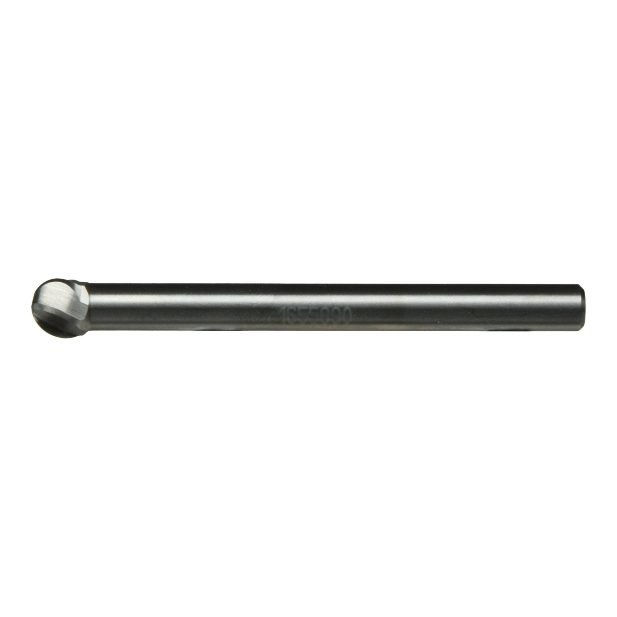 Metalowy cylinder o zaokrąglonym końcu, przypominający precyzyjne narzędzie lub element, przedstawiony na białym, jednolitym tle.