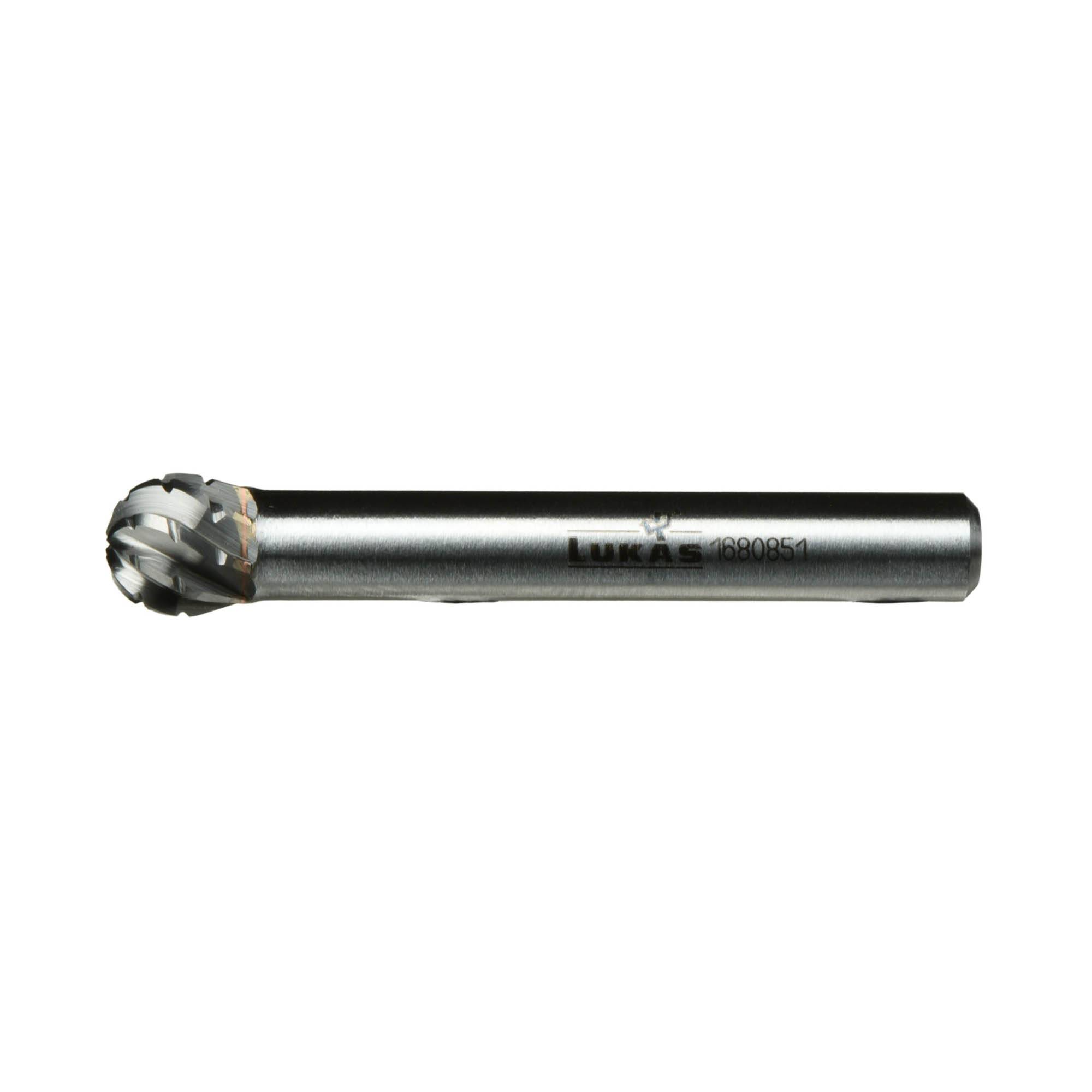 Frez metalowy z cylindryczną częścią chwytową i zaokrągloną głowicą tnącą, oznaczony etykietą 'LUKAS 080654', przeznaczony do zastosowań obróbki mechanicznej.