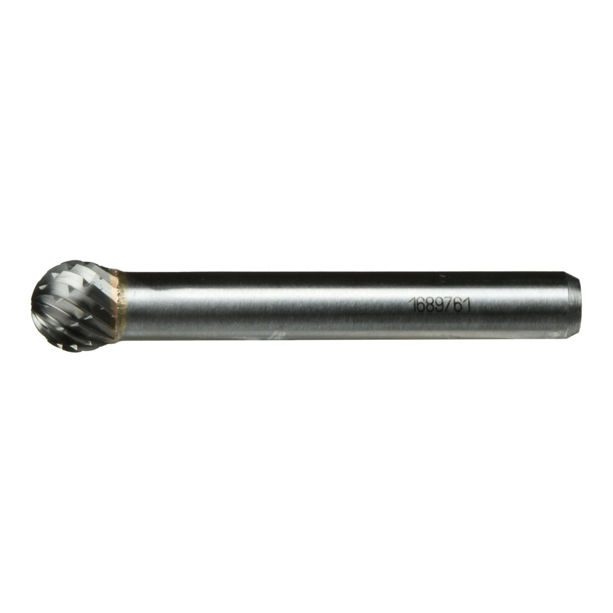 Cylindryczny metalowy frez z główką tnącą o kształcie kulistym, używany do szlifowania lub kształtowania materiałów w budownictwie lub produkcji przemysłowej.