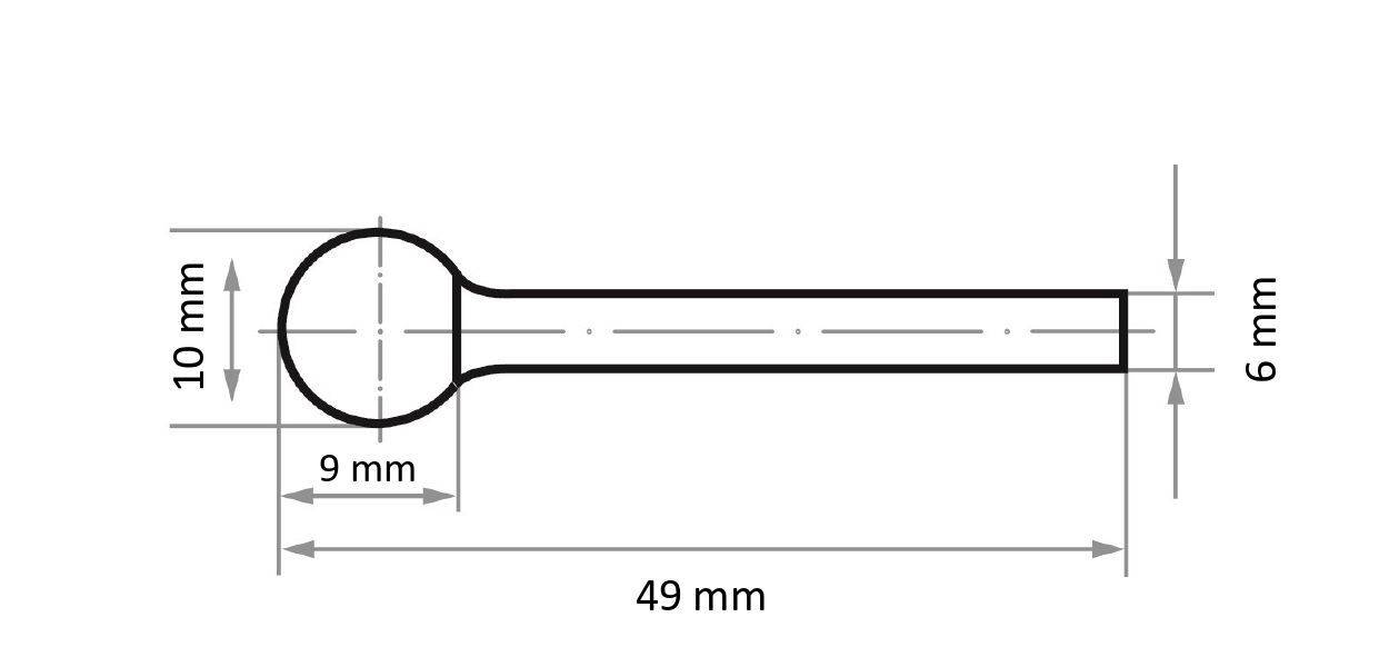 Rysunek techniczny pręta cylindrycznego z zaokrąglonym końcem. Wymiary obejmują długość 49 mm, szerokość 6 mm oraz zaokrąglony koniec o średnicy 10 mm.