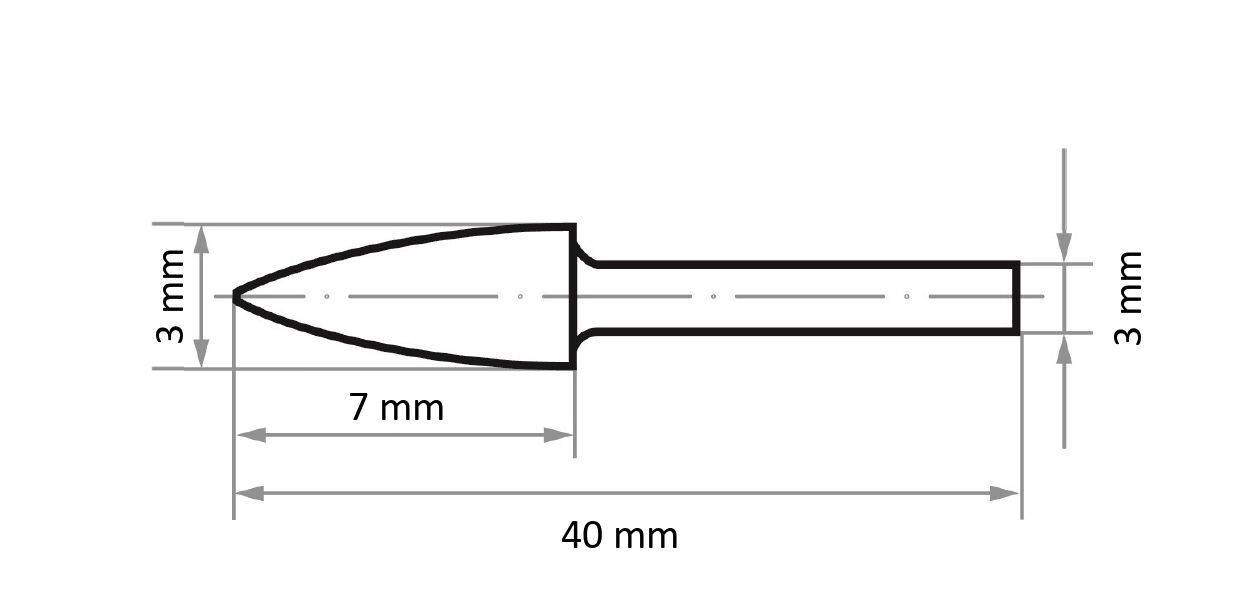 Rysunek techniczny metalowego przedmiotu o spiczastym końcu: długość 40 mm, zwężenie na czubku 7 mm, trzon o szerokości 3 mm. Przekrój poprzeczny przedstawia wymiary.