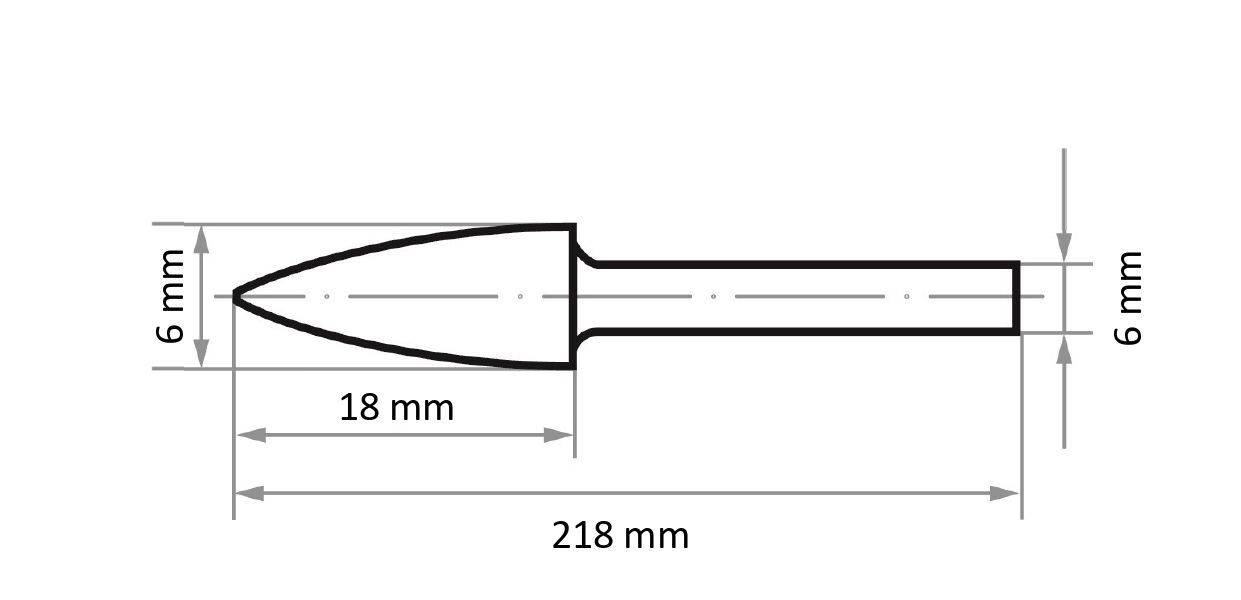 Rysunek techniczny przedmiotu o kształcie špiczastym z następującymi wymiarami:<br>- długość: 218 mm<br>- szerokość: 6 mm<br>- szerokość czubka: 18 mm