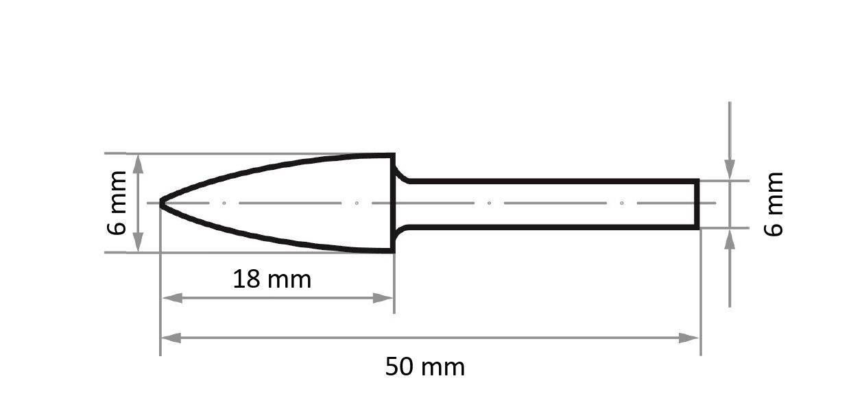 Rysunek techniczny czubka strzały, oznaczony wymiarami: 50 mm całkowitej długości, o średnicy 6 mm w najszerszym miejscu i zwężającym się czubkiem.