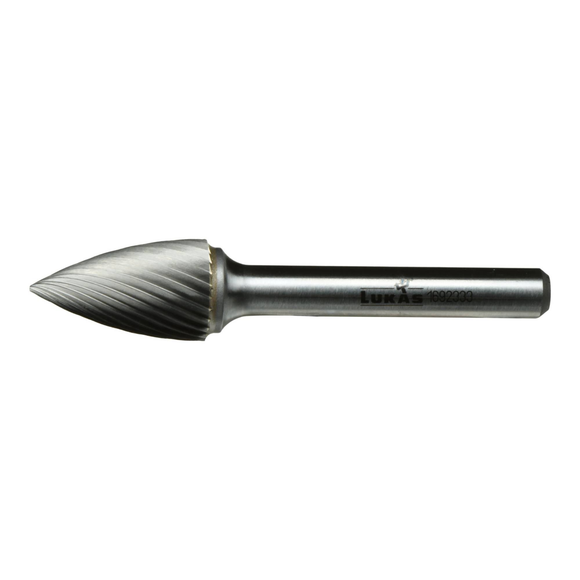 Metalowy, obrotowy frez ze spiczastą, spiralnieażurowaną główką i cylindryczną trzonką, stosowany do kształtowania materiałów i precyzyjnej obróbki.