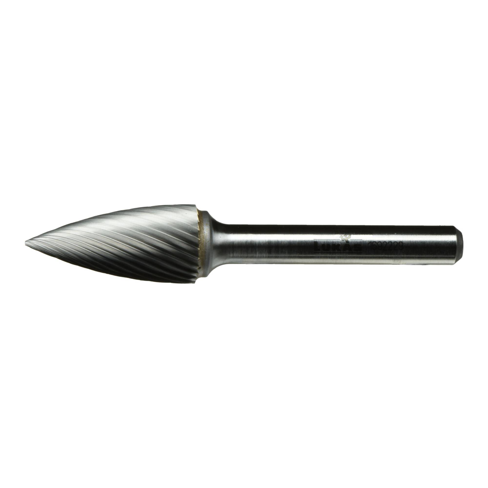 Metalowe narzędzie tnące o kształcie stożkowym z rowkami spiralnymi, używane do precyzyjnego szlifowania i kształtowania w obróbce metali lub stolarstwie.