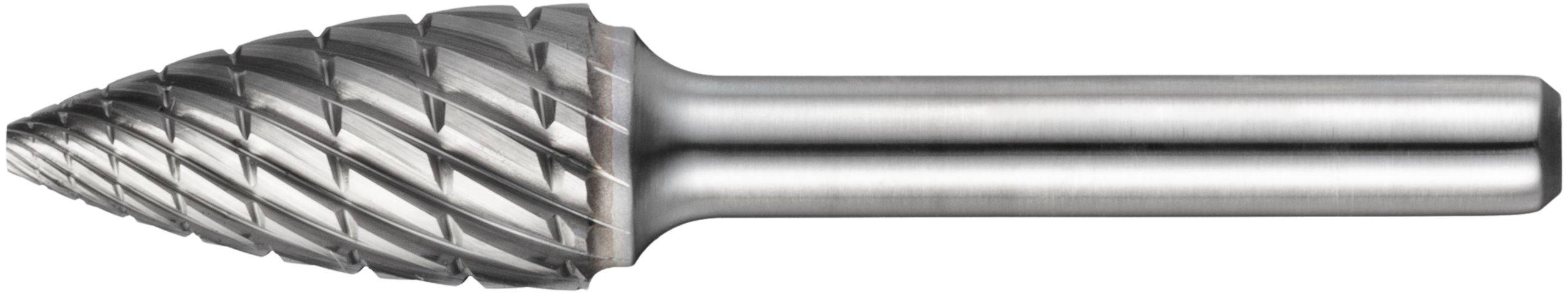 Srebrne, stożkowe narzędzie frezujące z rowkami spiralnymi, używane w obróbce metalu lub drewna, na jednobarwnym tle.