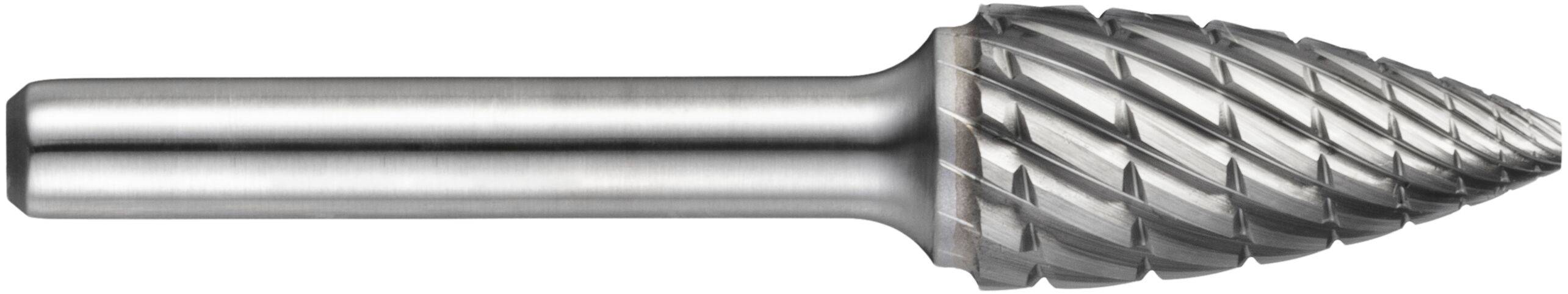 Srebrne narzędzie frezujące z węglika z końcówką o spiralnych rowkach, przeznaczone do kształtowania, wygładzania i usuwania materiału z powierzchni.