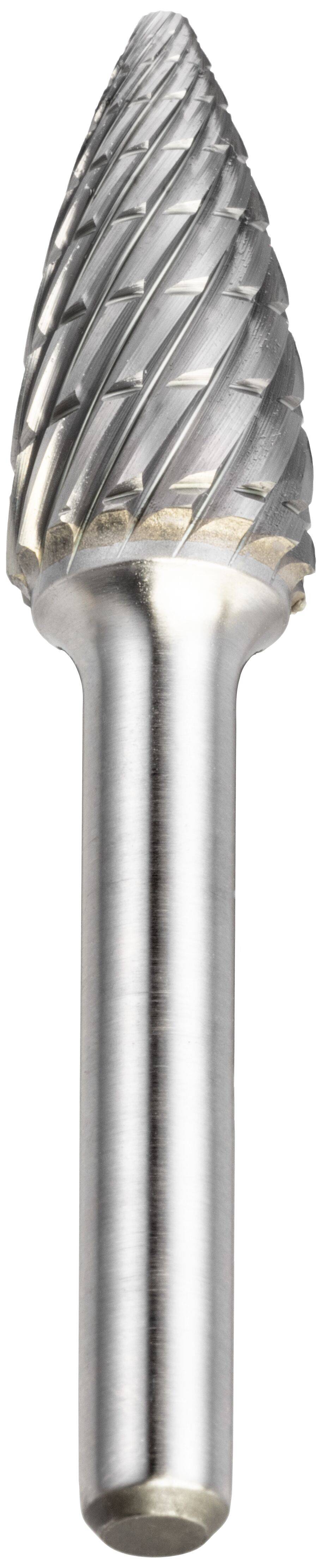 Srebrne cylindryczne narzędzie rotacyjne z ostro zakończonym, teksturowanym stożkowym czubkiem, stosowane do cięcia lub szlifowania materiałów.