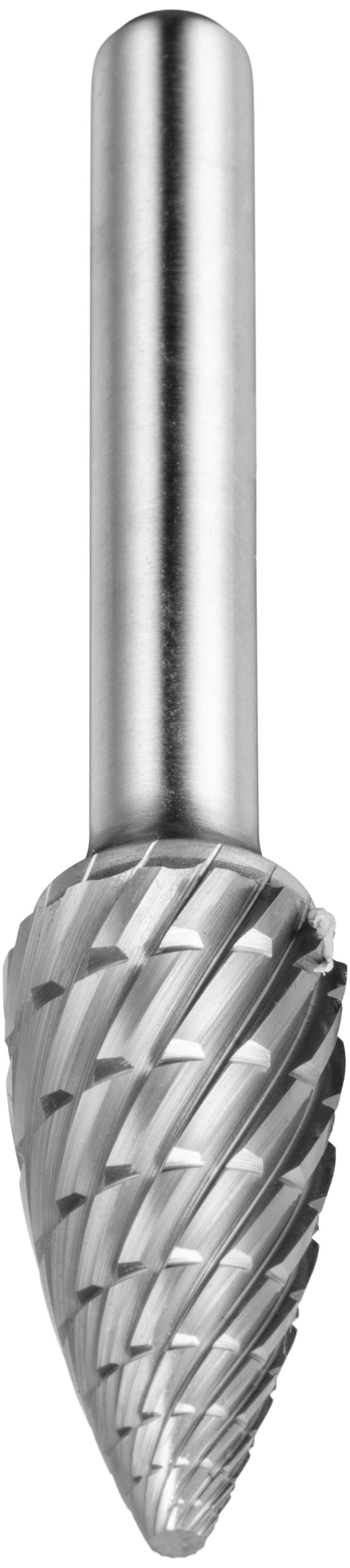 Metalowy, obrotowy pogłębiacz o kształcie stożkowym z rowkami spiralnymi, używany do szlifowania, kształtowania lub cięcia materiałów.