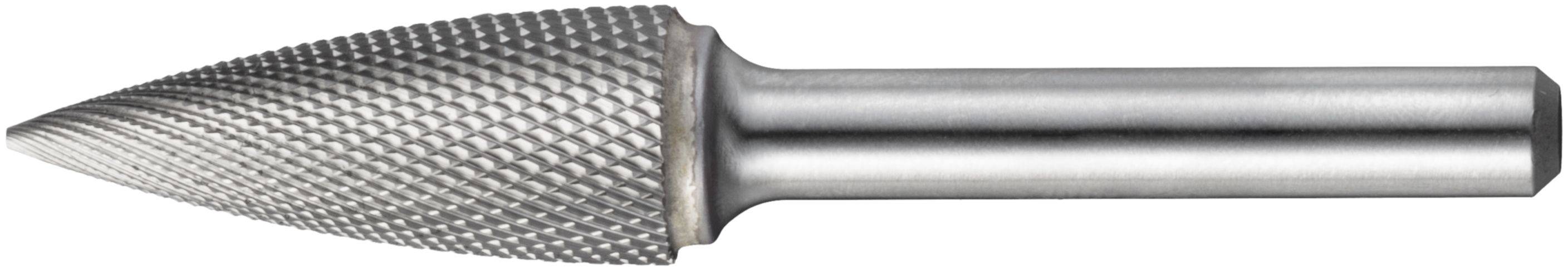 Frez węglikowy o stożkowej głowicy ciętej diamentowo i cylindrycznym trzpieniu, powszechnie stosowany do kształtowania, szlifowania i usuwania materiału.